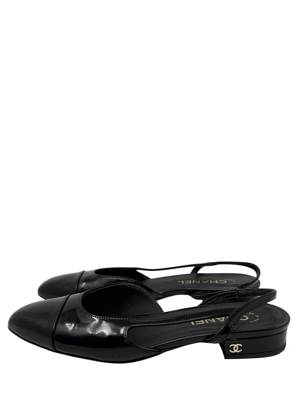 Chanel CC Black Patent Leather Cap Toe Slingback Flats Size 39C